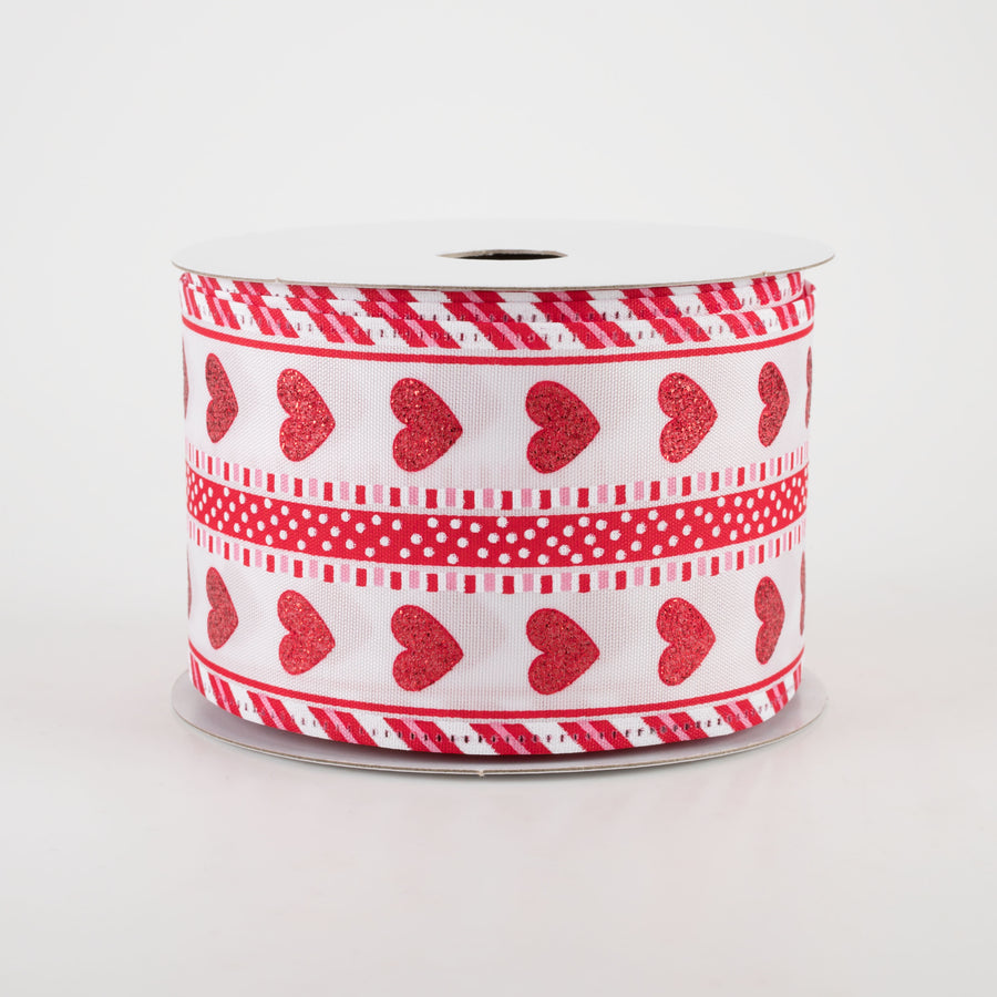 2.5" Glitter Hearts, Lines & Dots Ribbon: Red (10 Yards)