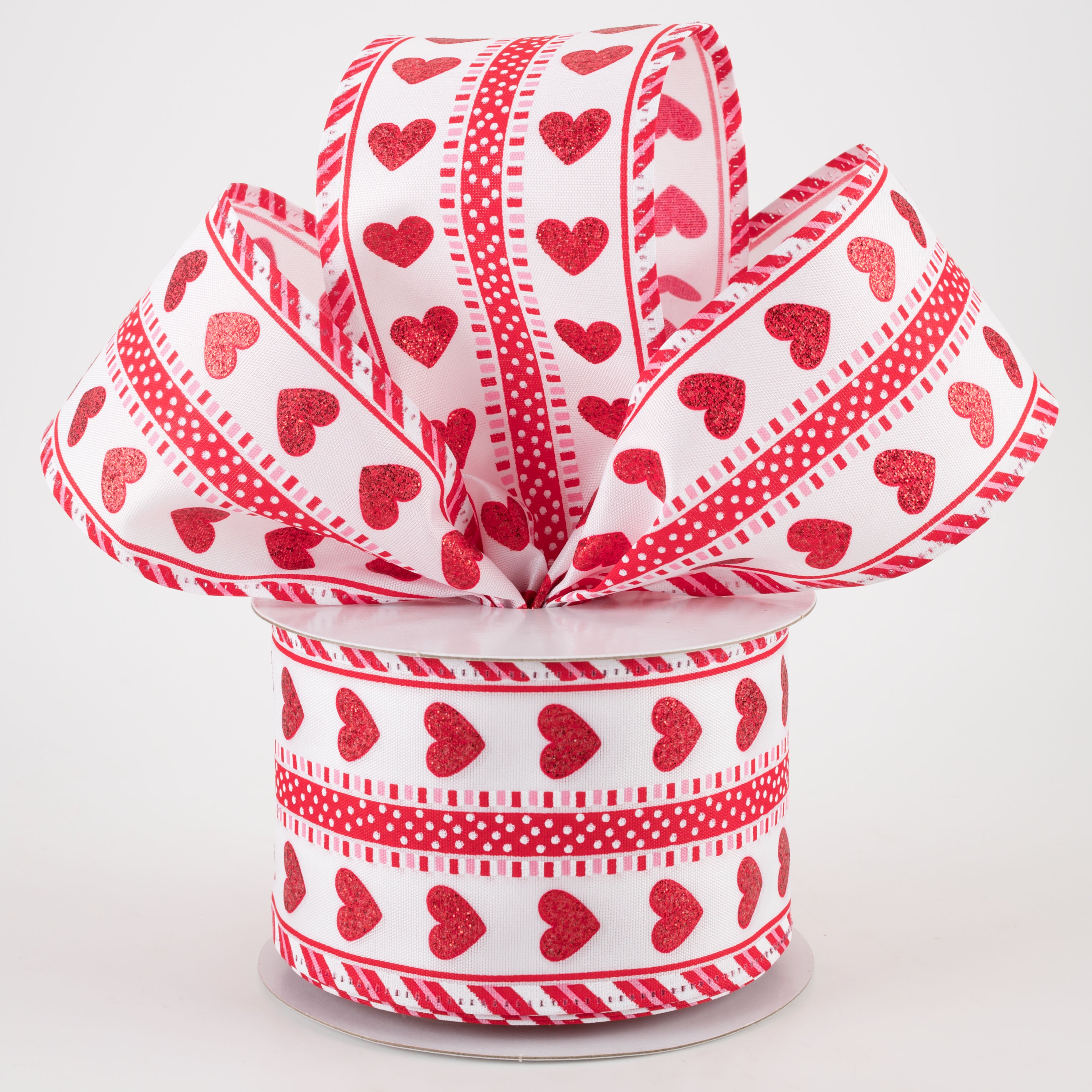 2.5" Glitter Hearts, Lines & Dots Ribbon: Red (10 Yards)