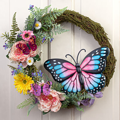 12" Metal Embossed Hanger: Pink & Blue Monarch Butterfly