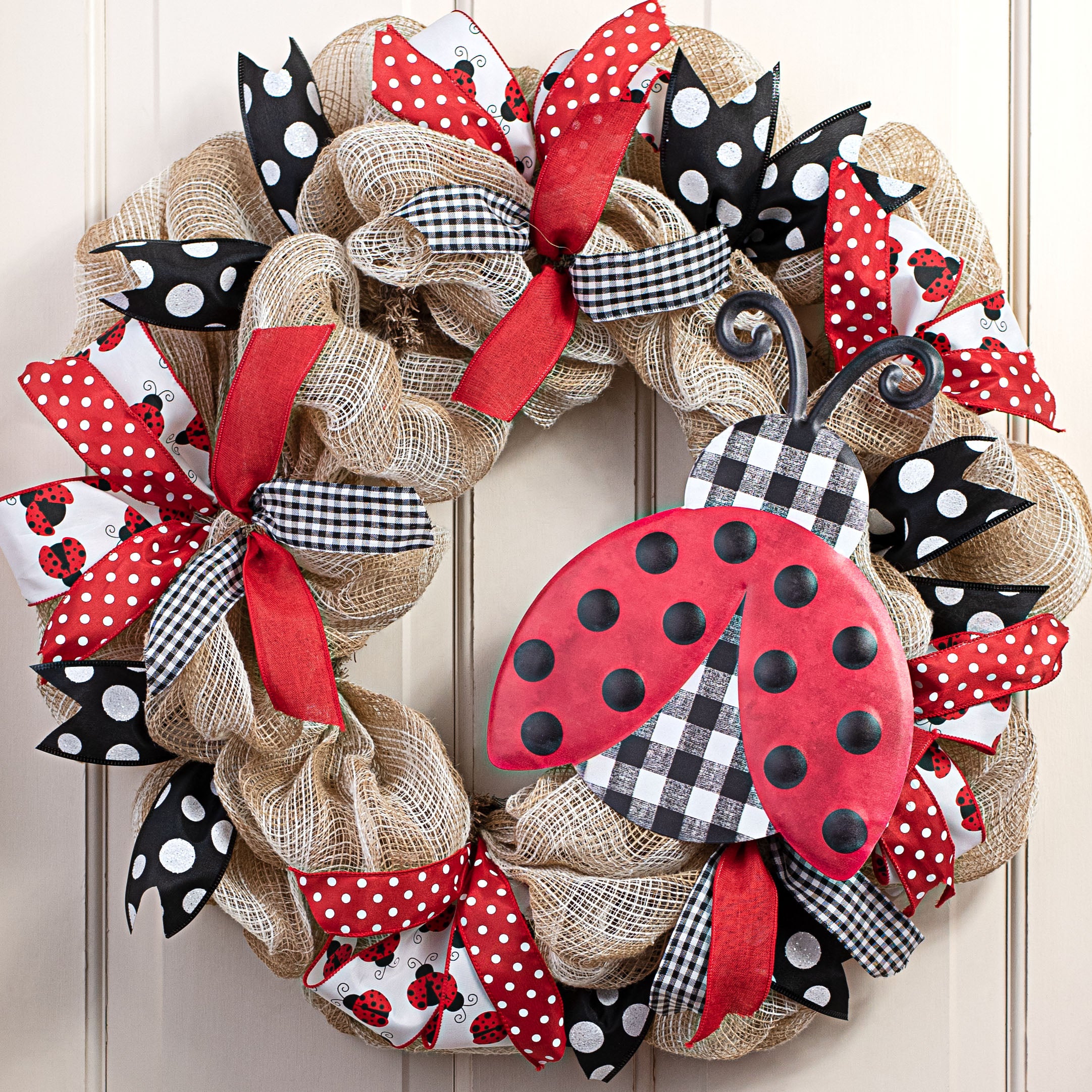 12" Metal Embossed Hanger: Buffalo Check Ladybug
