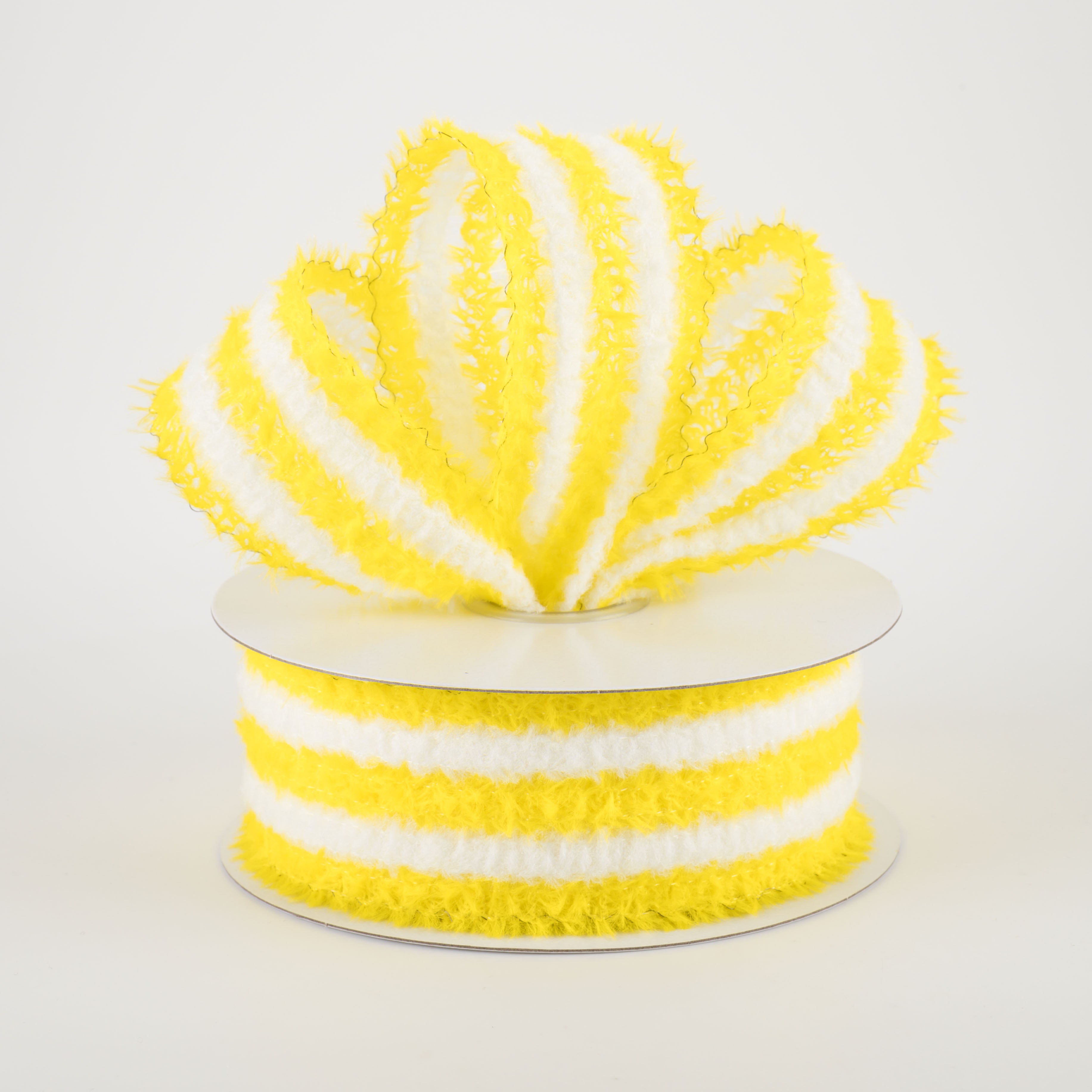 1.5" Fuzzy Stripes Ribbon: Yellow & White (10 Yards)