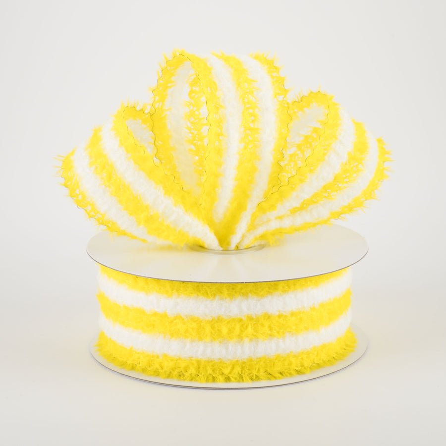 1.5" Fuzzy Stripes Ribbon: Yellow & White (10 Yards)