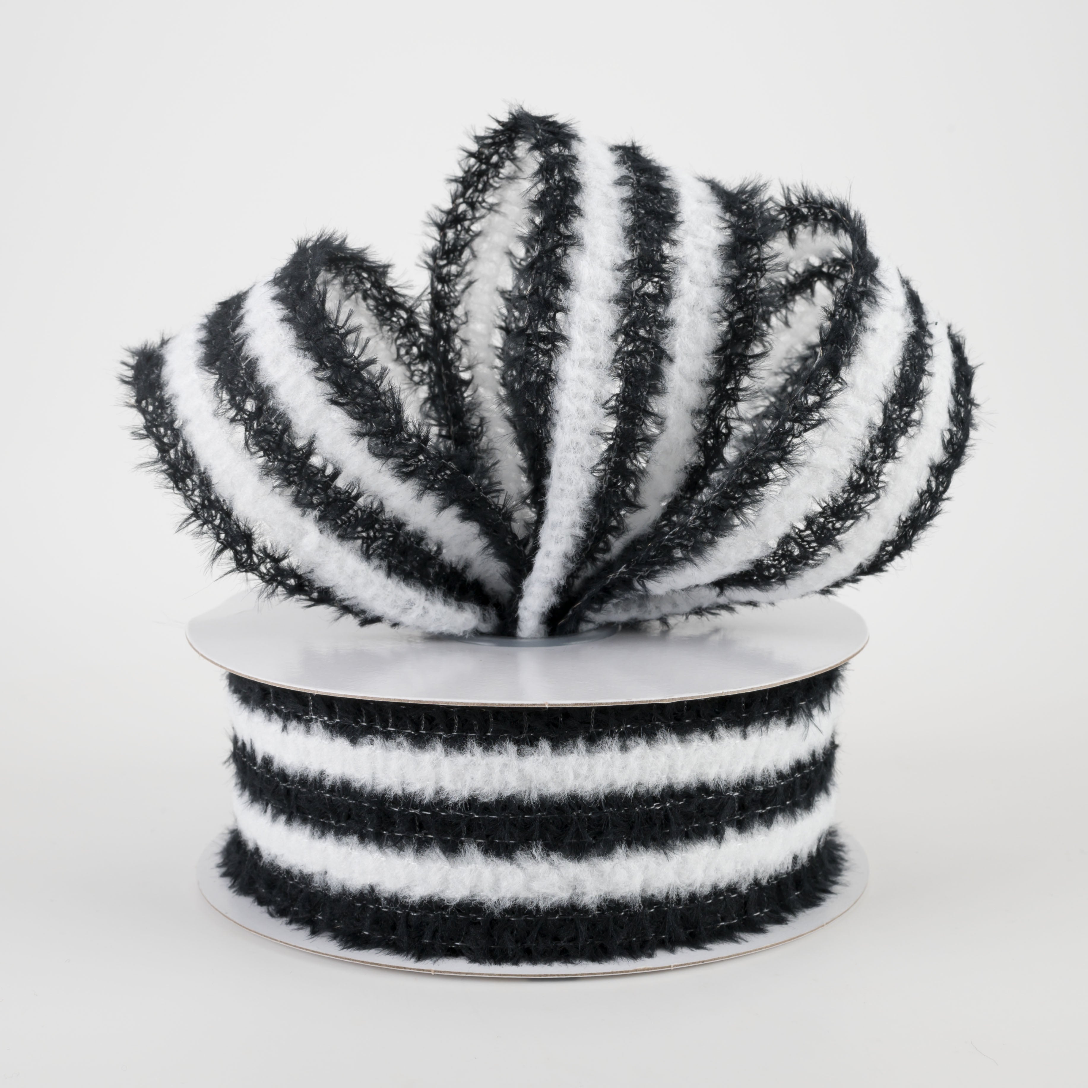 1.5" Fuzzy Stripes Ribbon: Black & White (10 Yards)