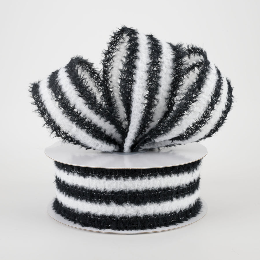 1.5" Fuzzy Stripes Ribbon: Black & White (10 Yards)