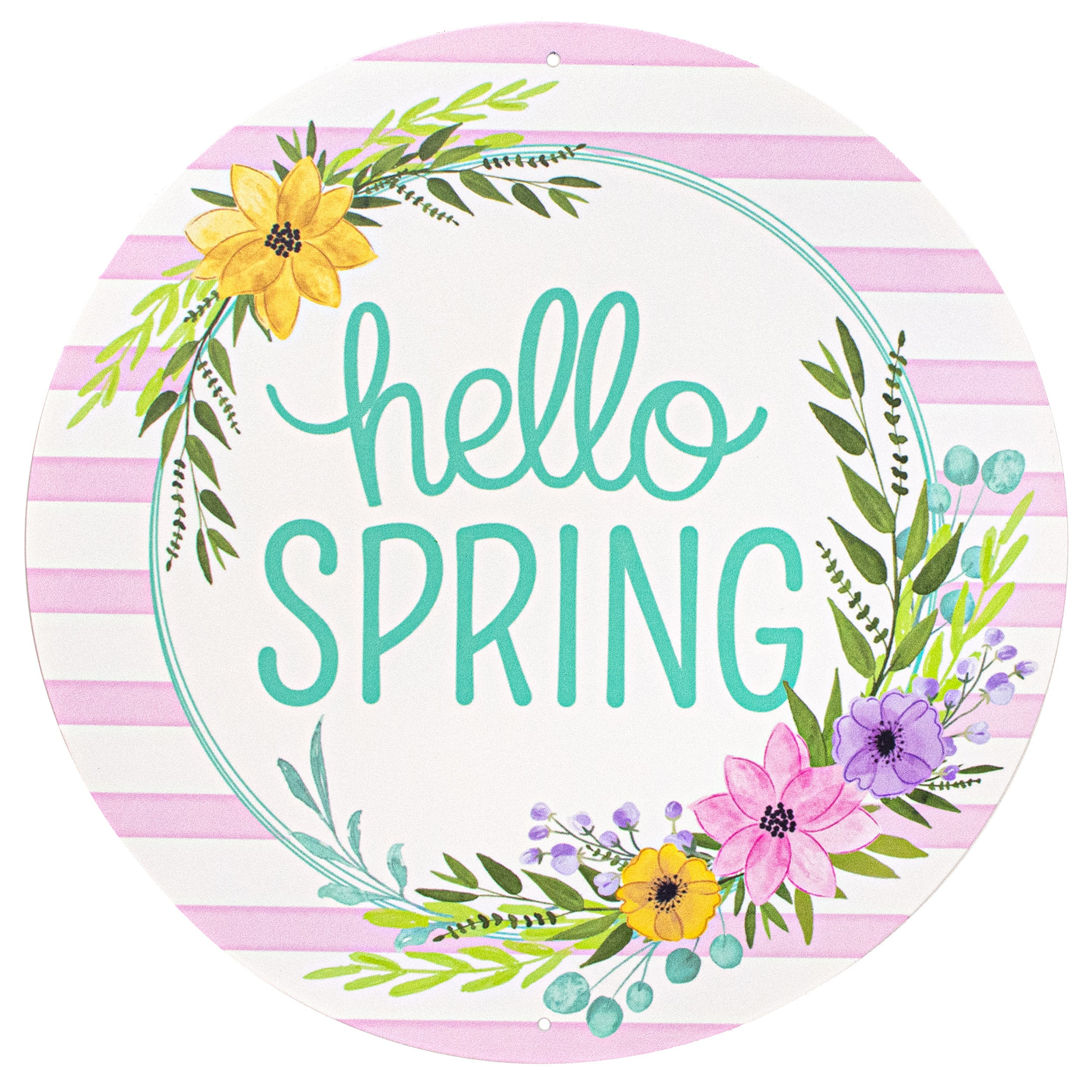 12" Metal Sign: Hello Spring Floral Wreath