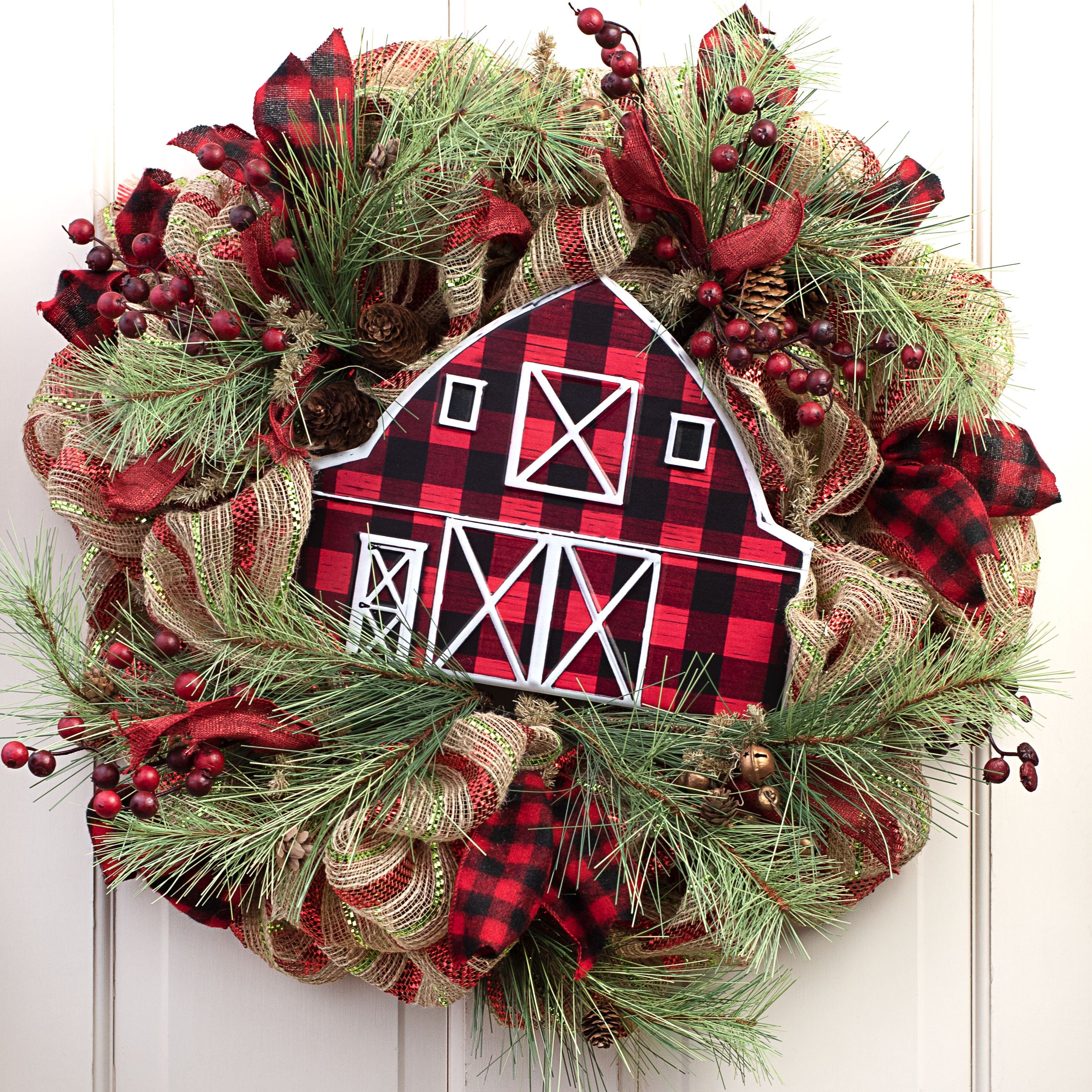12" Metal Embossed Hanger: Black & Red Buffalo Plaid Barn