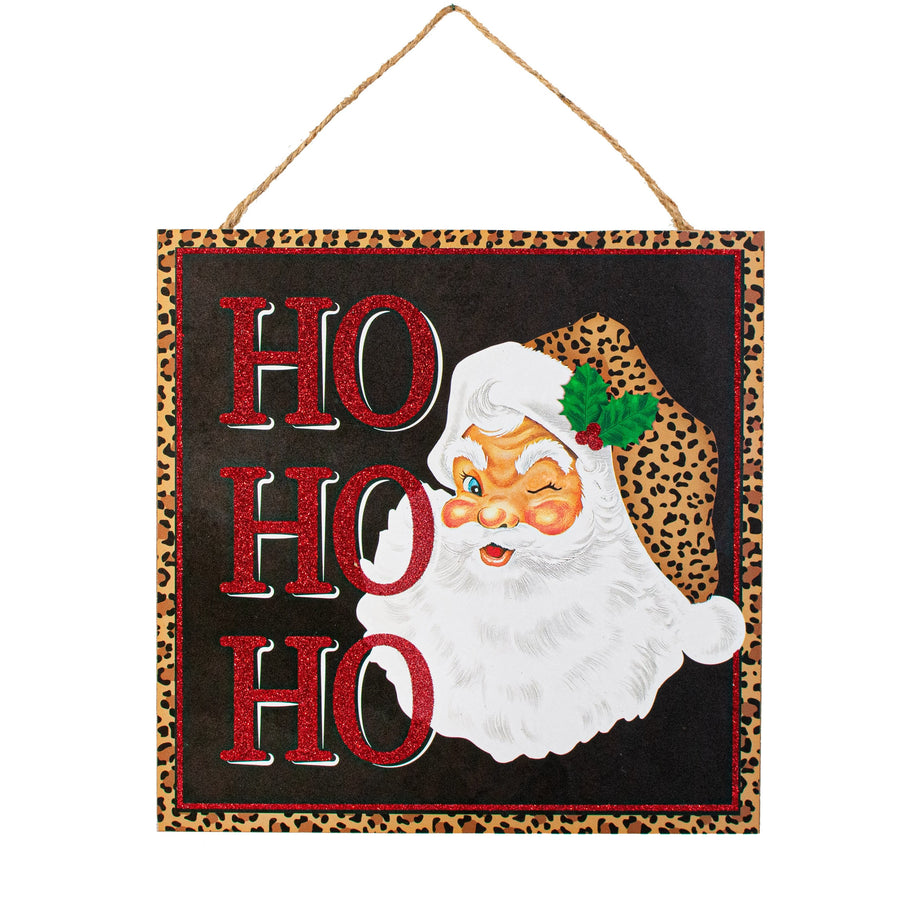10" Square Wooden Sign: Ho Ho Ho Leopard Santa