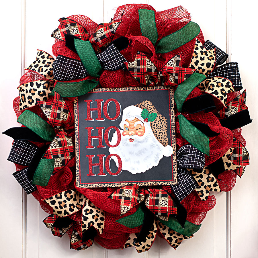 10" Square Wooden Sign: Ho Ho Ho Leopard Santa