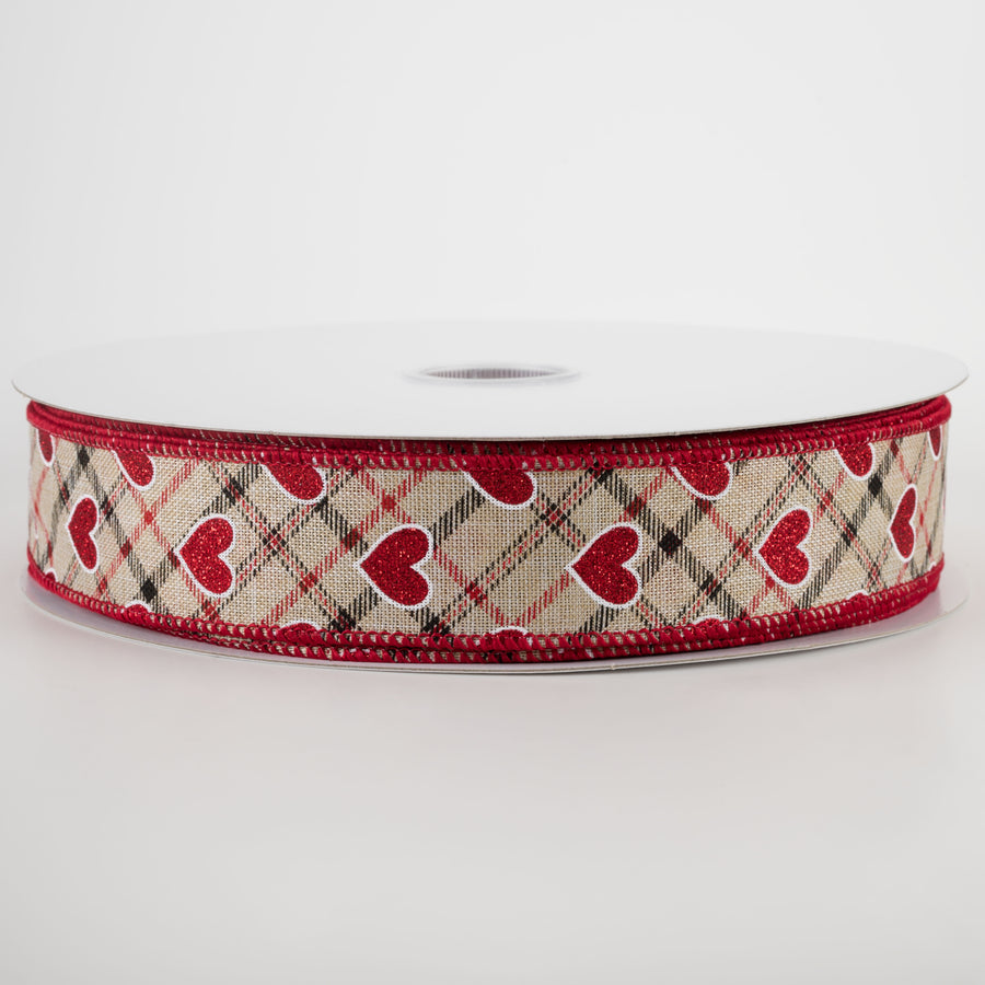 1.5" Red Glitter Hearts on Argyle Ribbon: Natural (50 Yards)