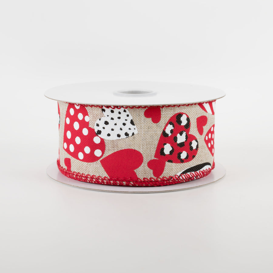 1.5" Cheetah, Zebra, Dot, Stripe Hearts Ribbon: Natural (10 Yards)