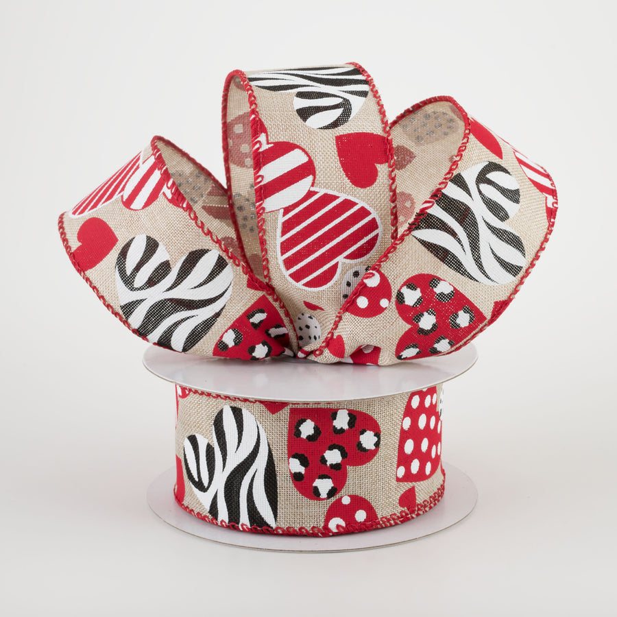 1.5" Cheetah, Zebra, Dot, Stripe Hearts Ribbon: Natural (10 Yards)