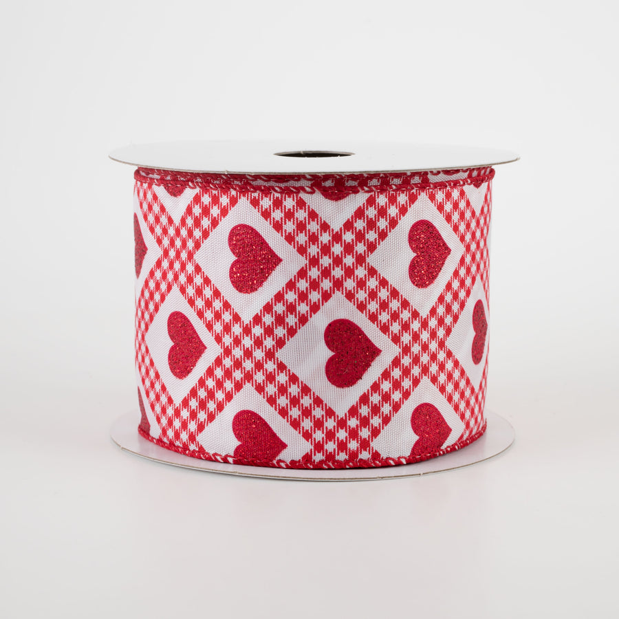 2.5" Glitter Hearts Gingham Argyle Ribbon: Red (10 Yards)