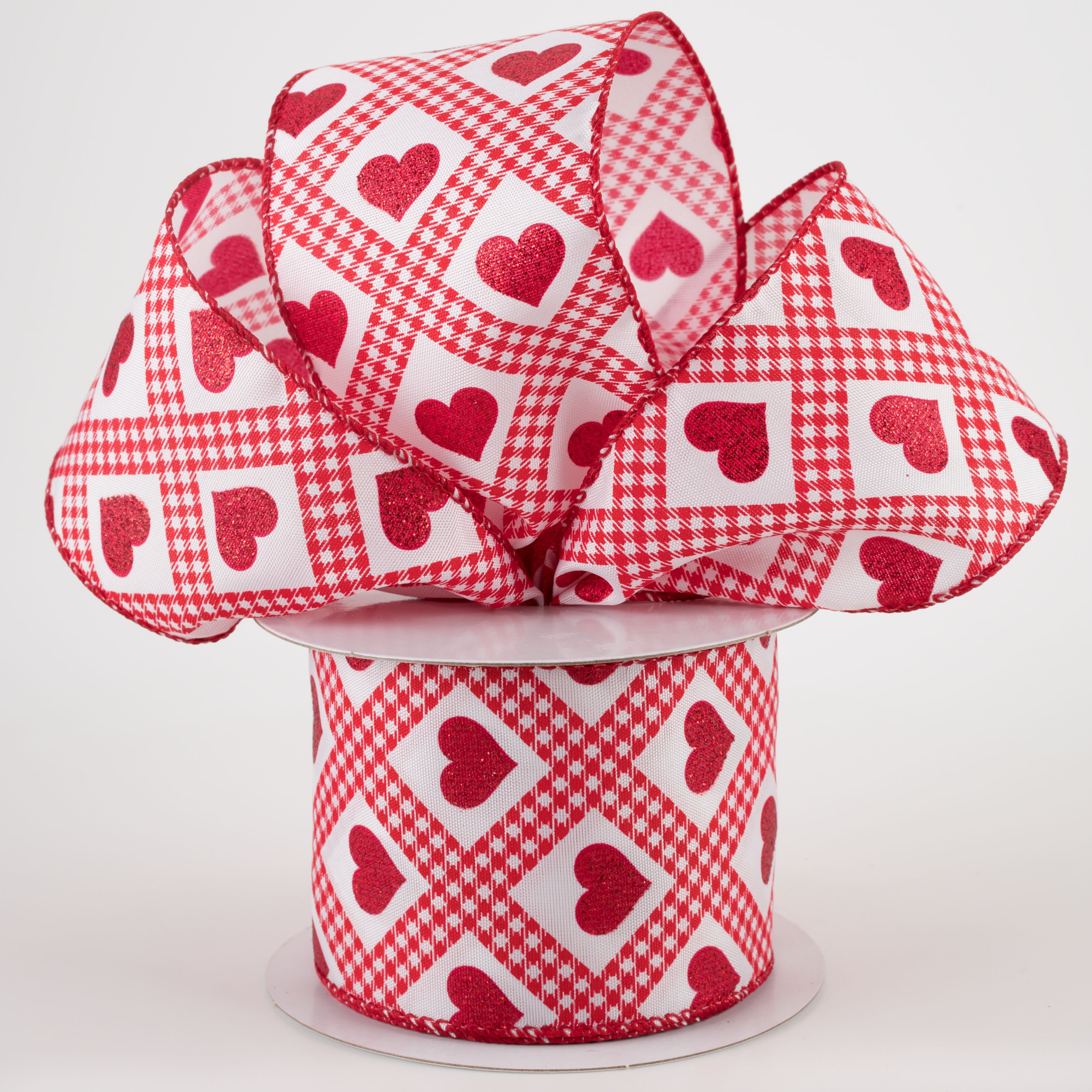 2.5" Glitter Hearts Gingham Argyle Ribbon: Red (10 Yards)