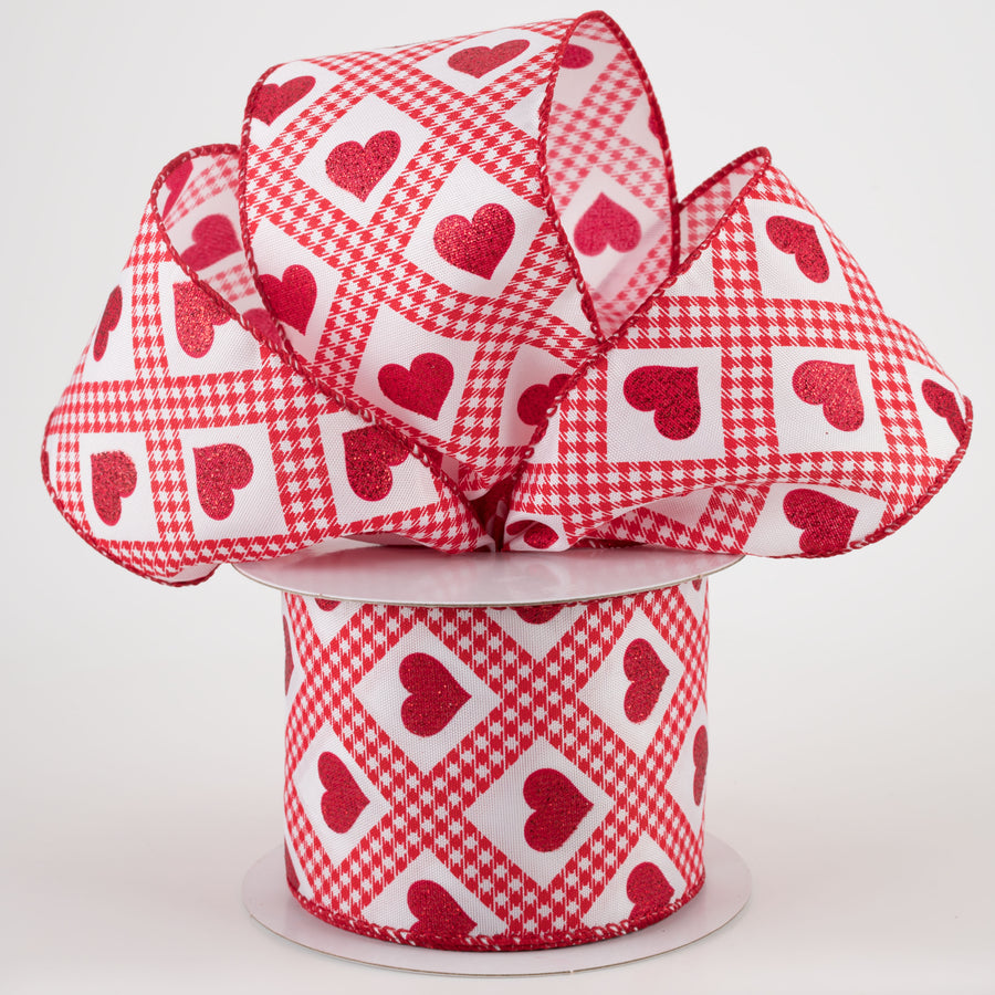 2.5" Glitter Hearts Gingham Argyle Ribbon: Red (10 Yards)