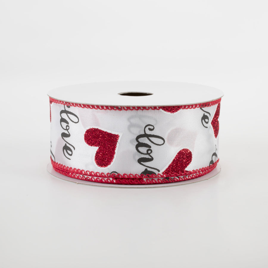 1.5" Love Script With Hearts Ribbon: White (10 Yards)