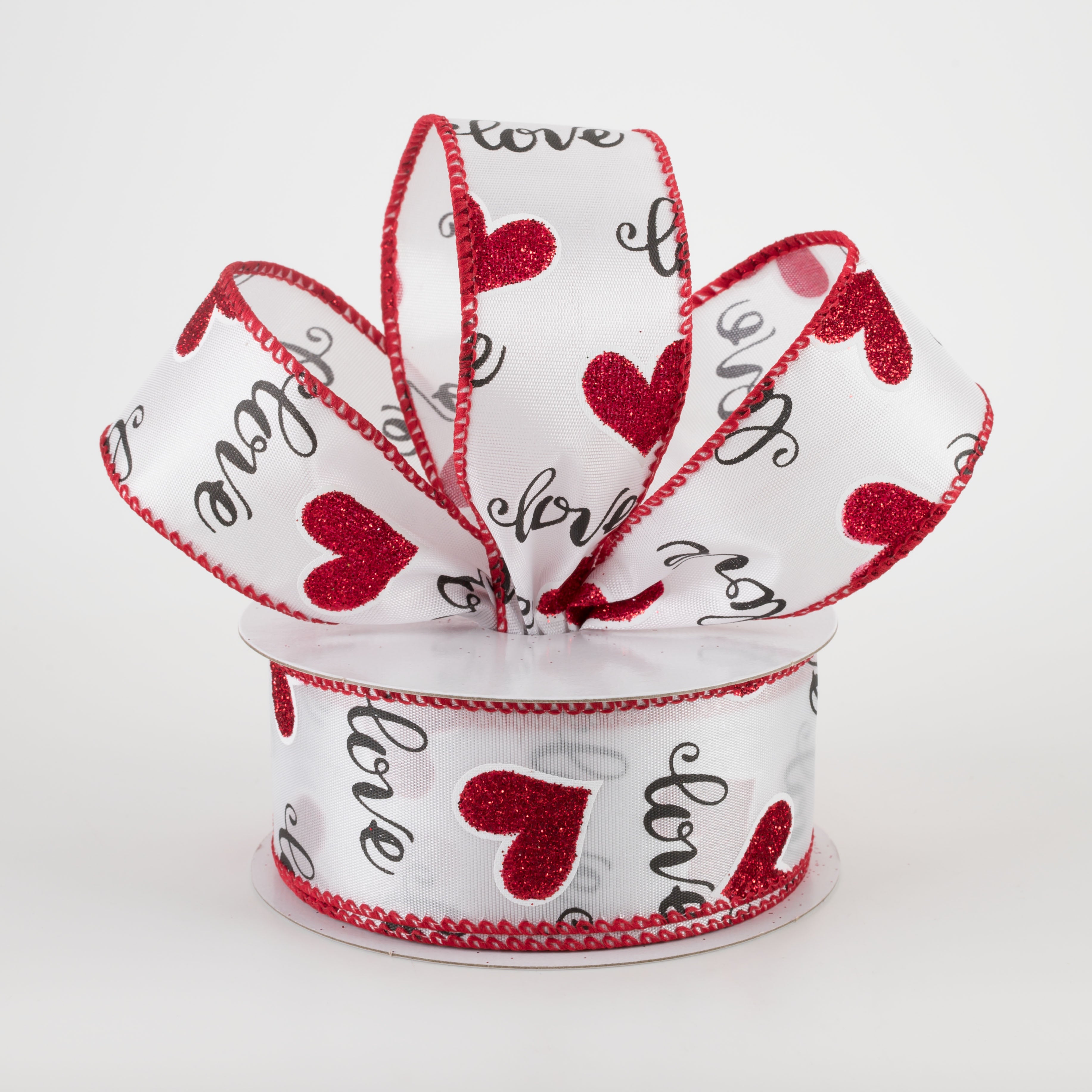 1.5" Love Script With Hearts Ribbon: White (10 Yards)