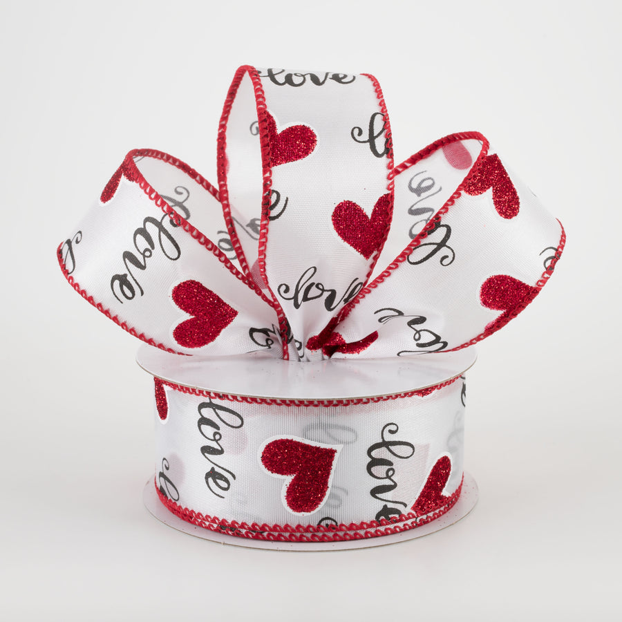 1.5" Love Script With Hearts Ribbon: White (10 Yards)
