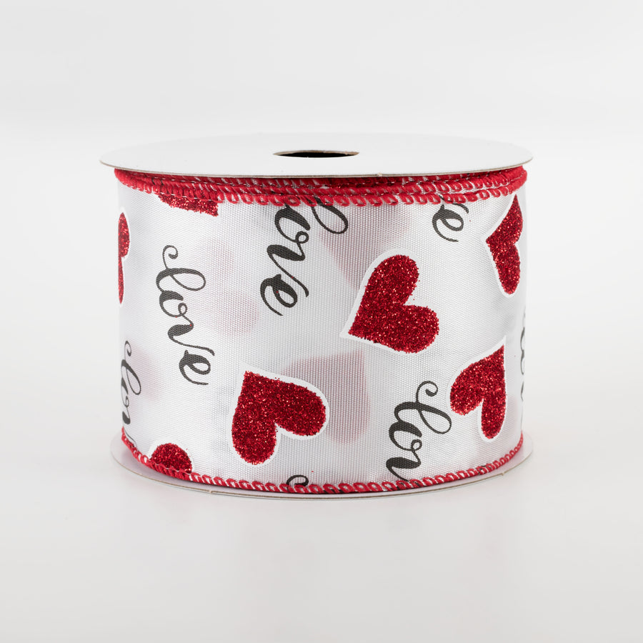 2.5" Love Script With Hearts Ribbon: White (10 Yards)