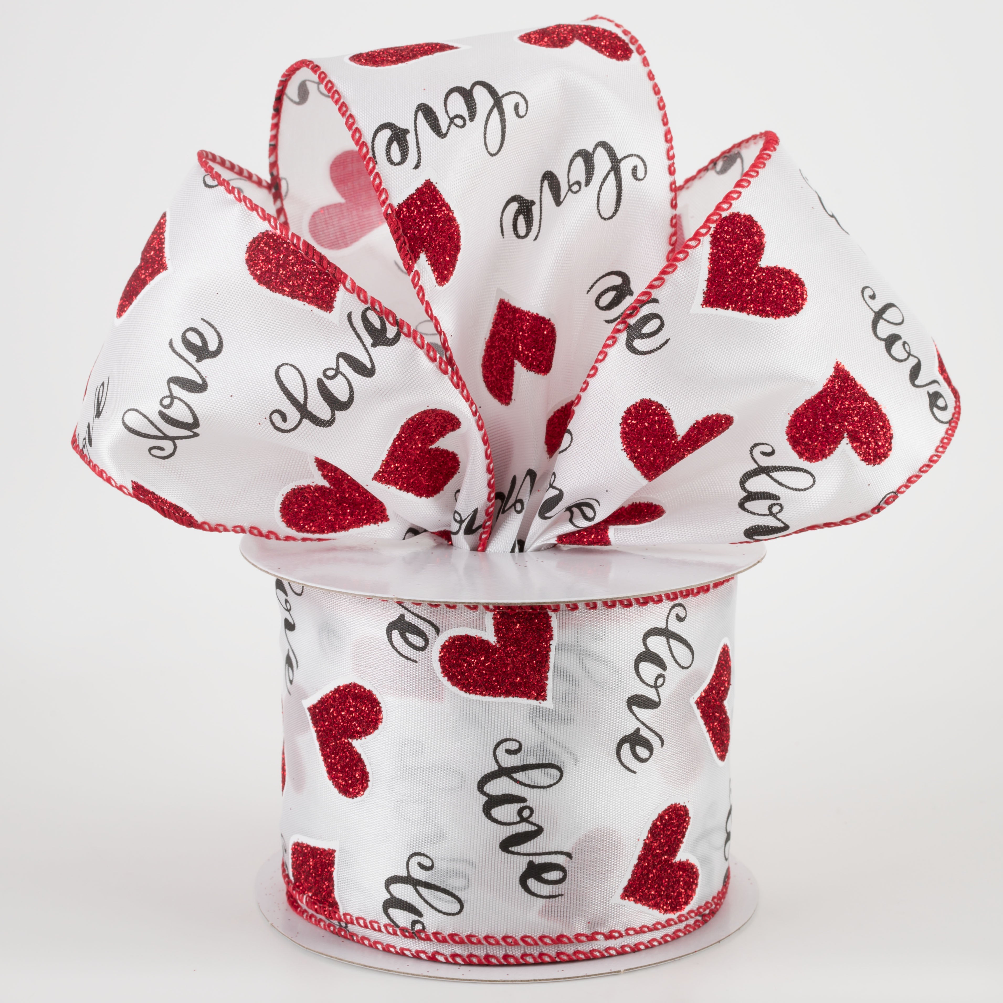 2.5" Love Script With Hearts Ribbon: White (10 Yards)