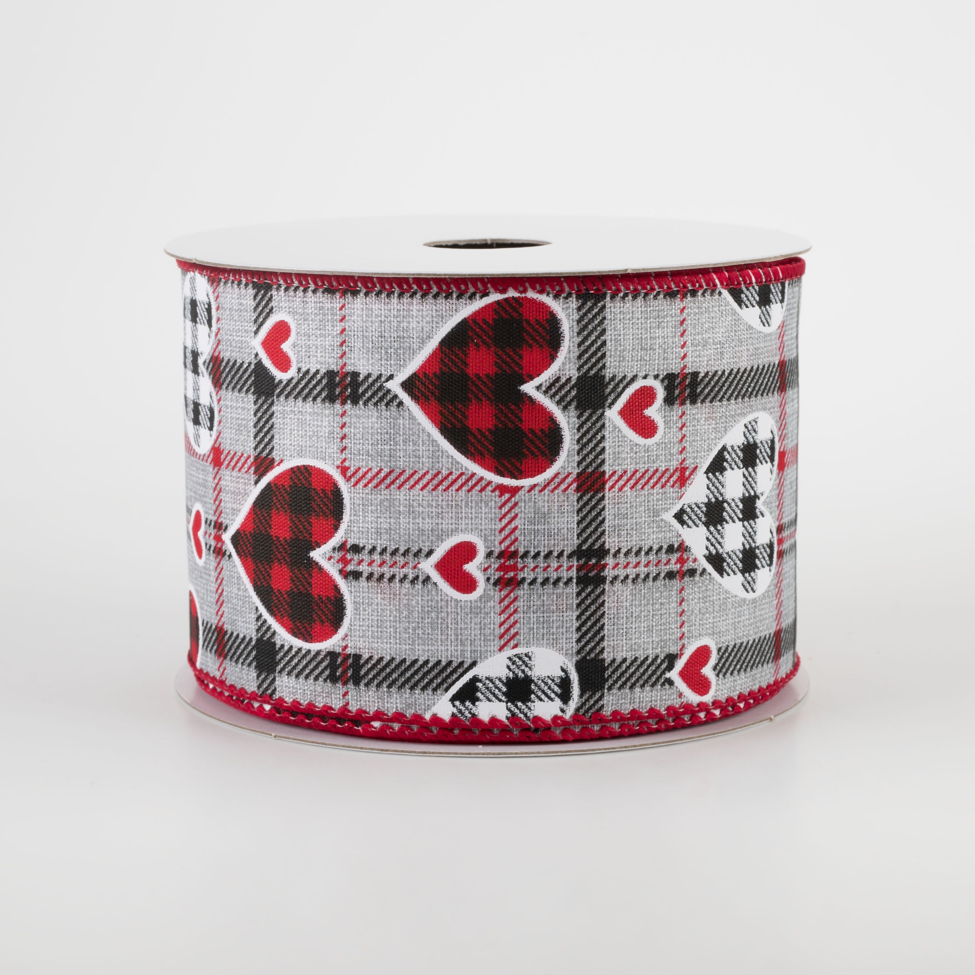 2.5" Buffalo Plaid Hearts on Plaid Ribbon: Grey, Black, Red (10 Yards)