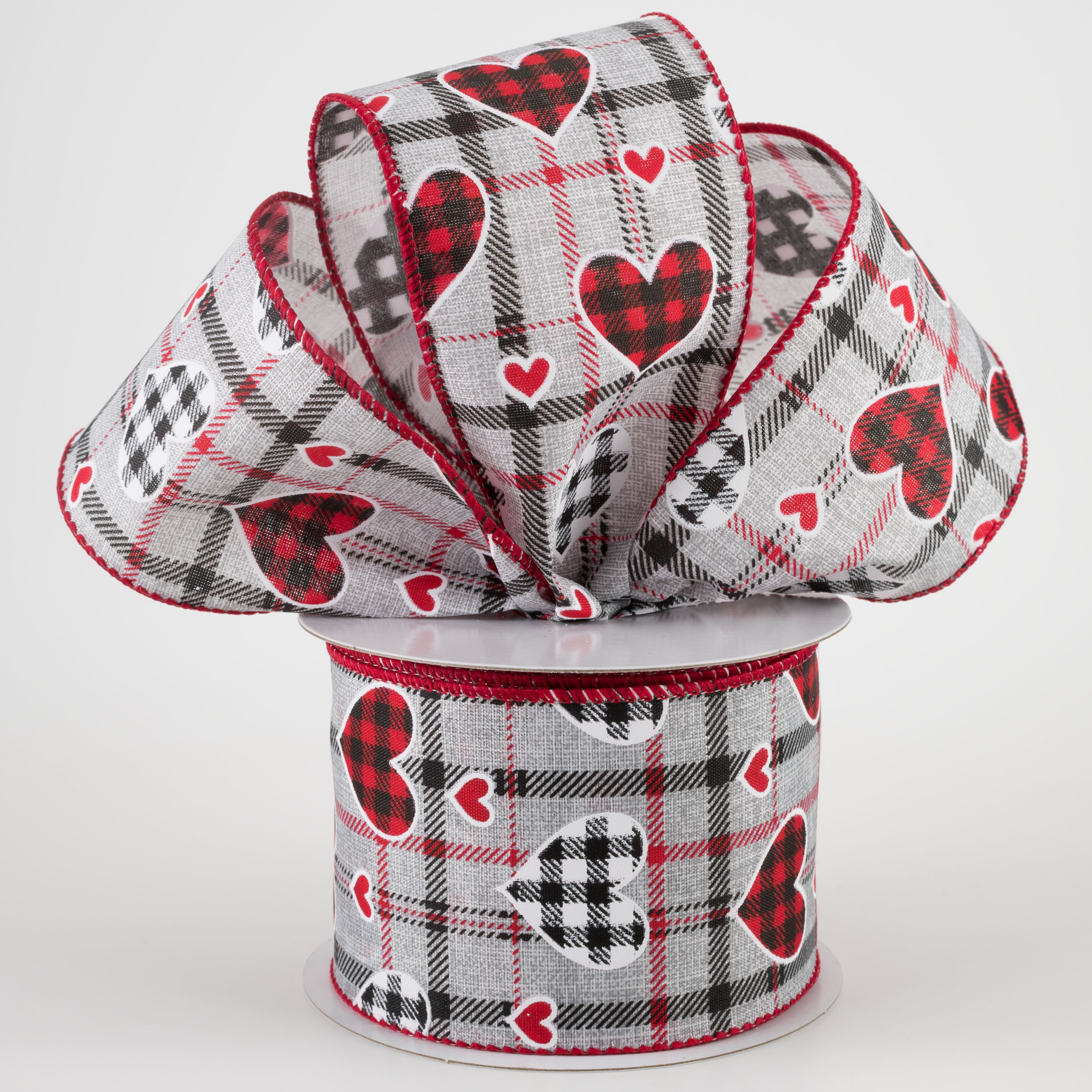 2.5" Buffalo Plaid Hearts on Plaid Ribbon: Grey, Black, Red (10 Yards)