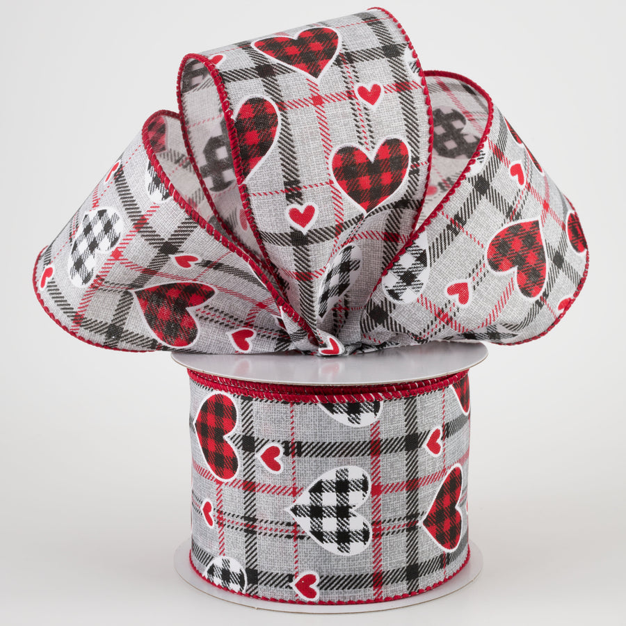 2.5" Buffalo Plaid Hearts on Plaid Ribbon: Grey, Black, Red (10 Yards)