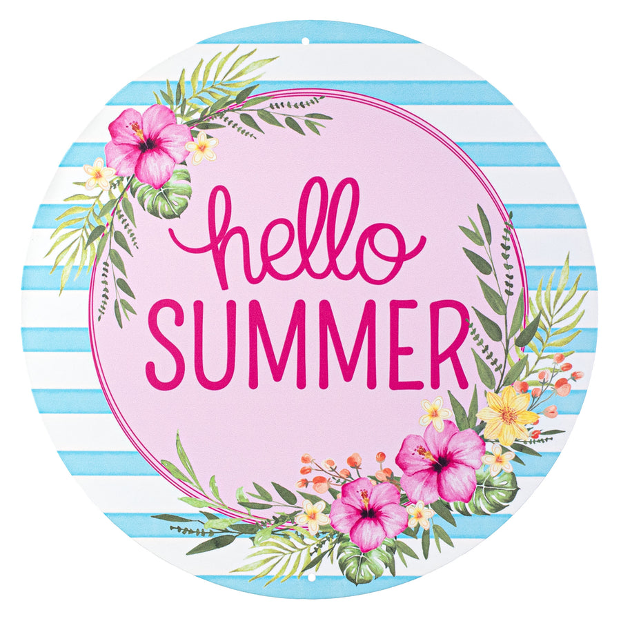 12" Metal Sign: Hello Summer & Tropical Leaves