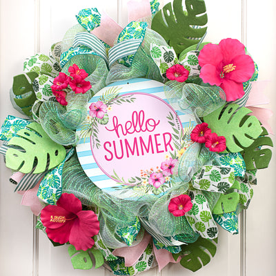 12" Metal Sign: Hello Summer & Tropical Leaves