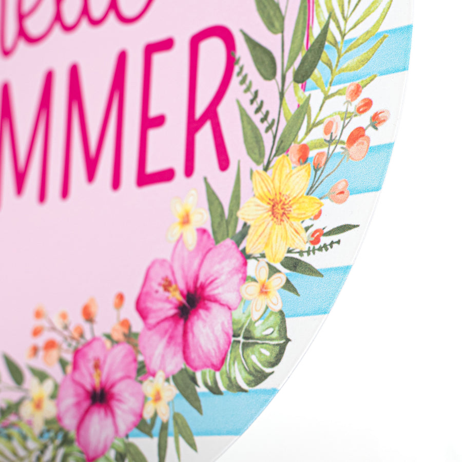 12" Metal Sign: Hello Summer & Tropical Leaves