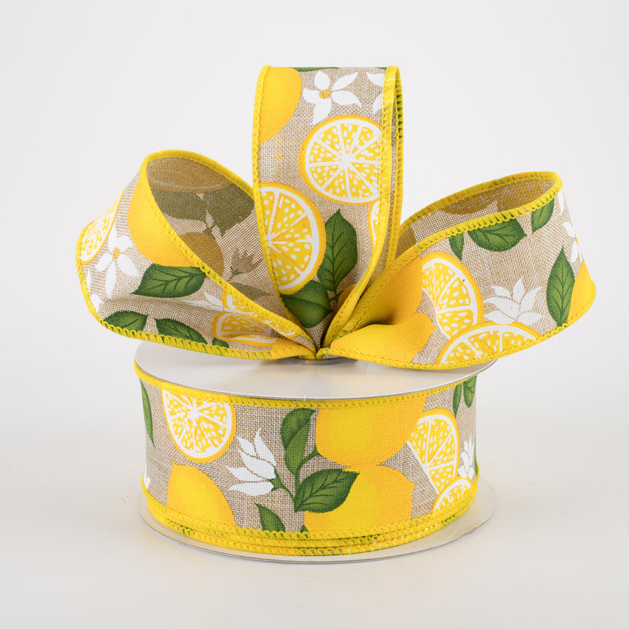 1.5" Lemon With Leaves Flower Ribbon: Natural (10 Yards)
