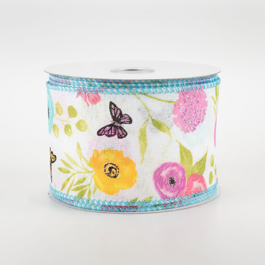 2.5" Wildflowers Ribbon: White, Green, Pink, Lavender (10 Yards)