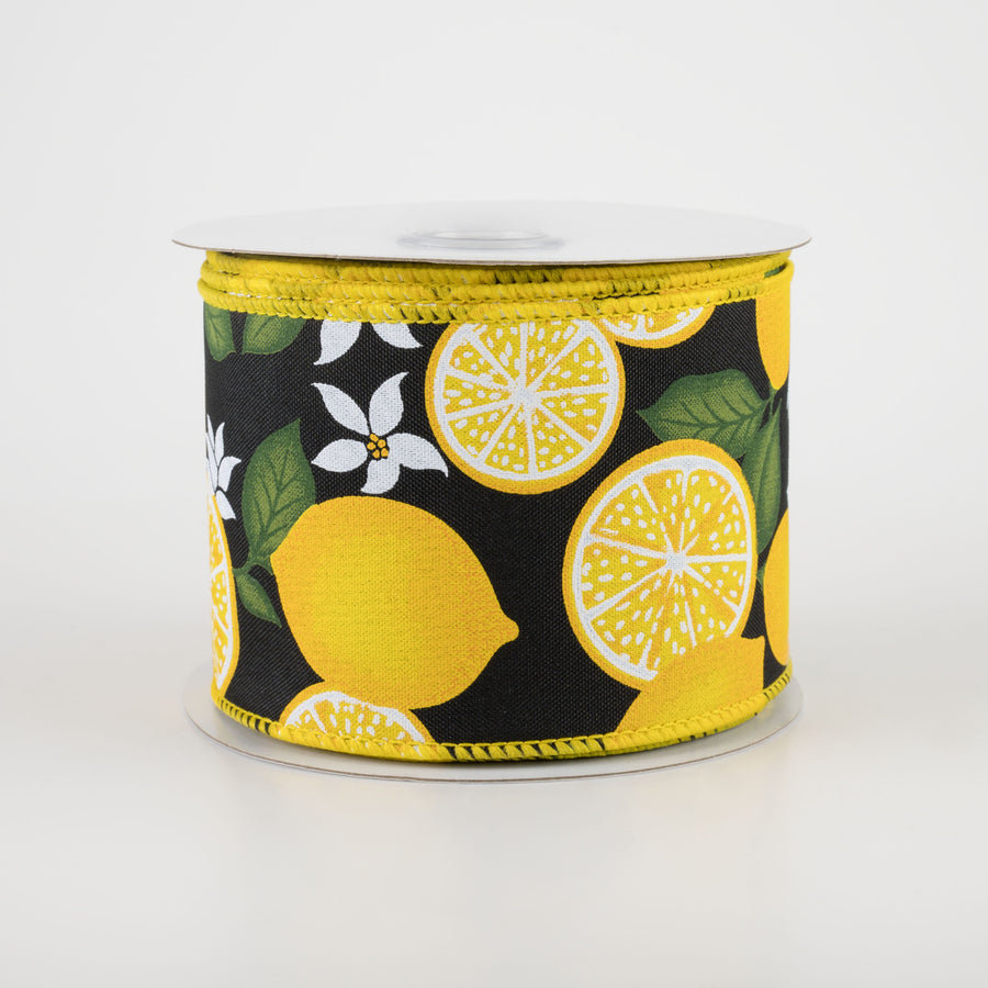 2.5" Lemon With Leaves Flower Ribbon: Black (10 Yards)
