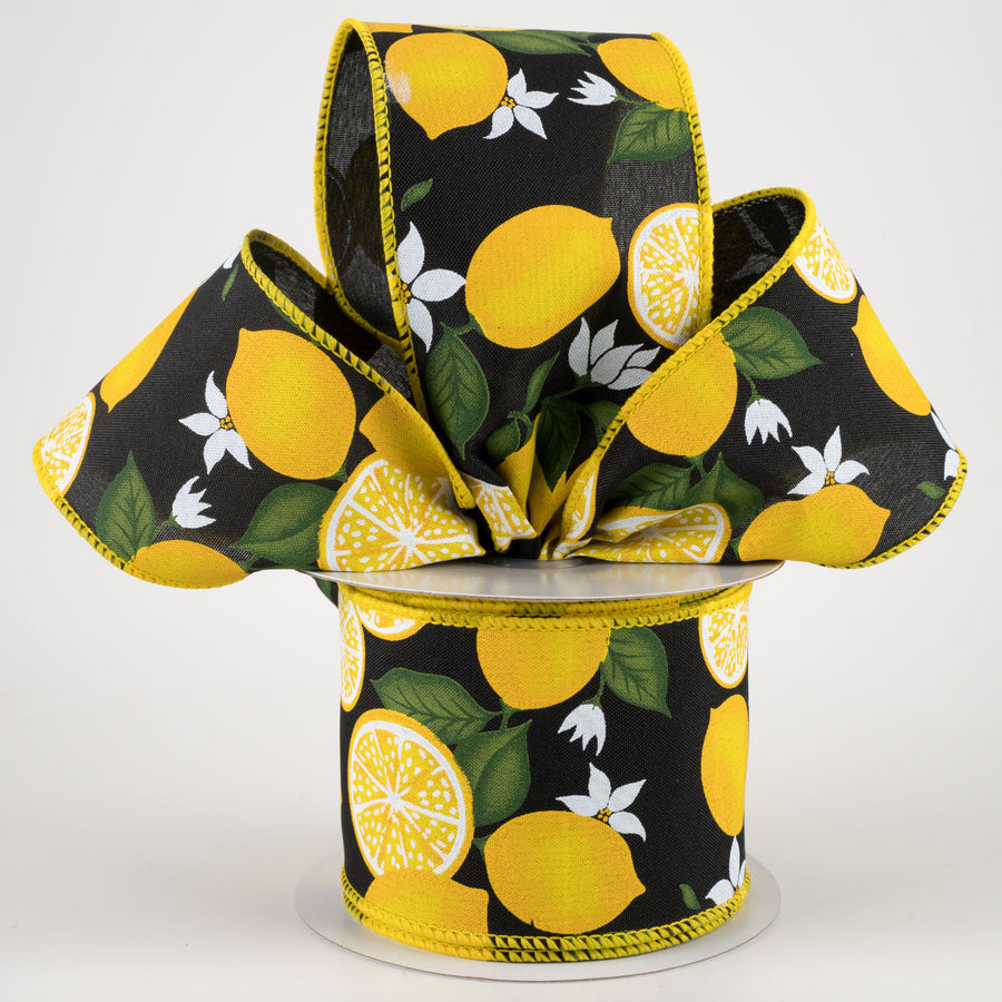 2.5" Lemon With Leaves Flower Ribbon: Black (10 Yards)