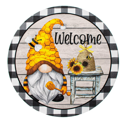9.4" Round Waterproof Sign: Welcome Bee Gnome