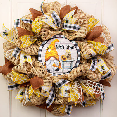 9.4" Round Waterproof Sign: Welcome Bee Gnome