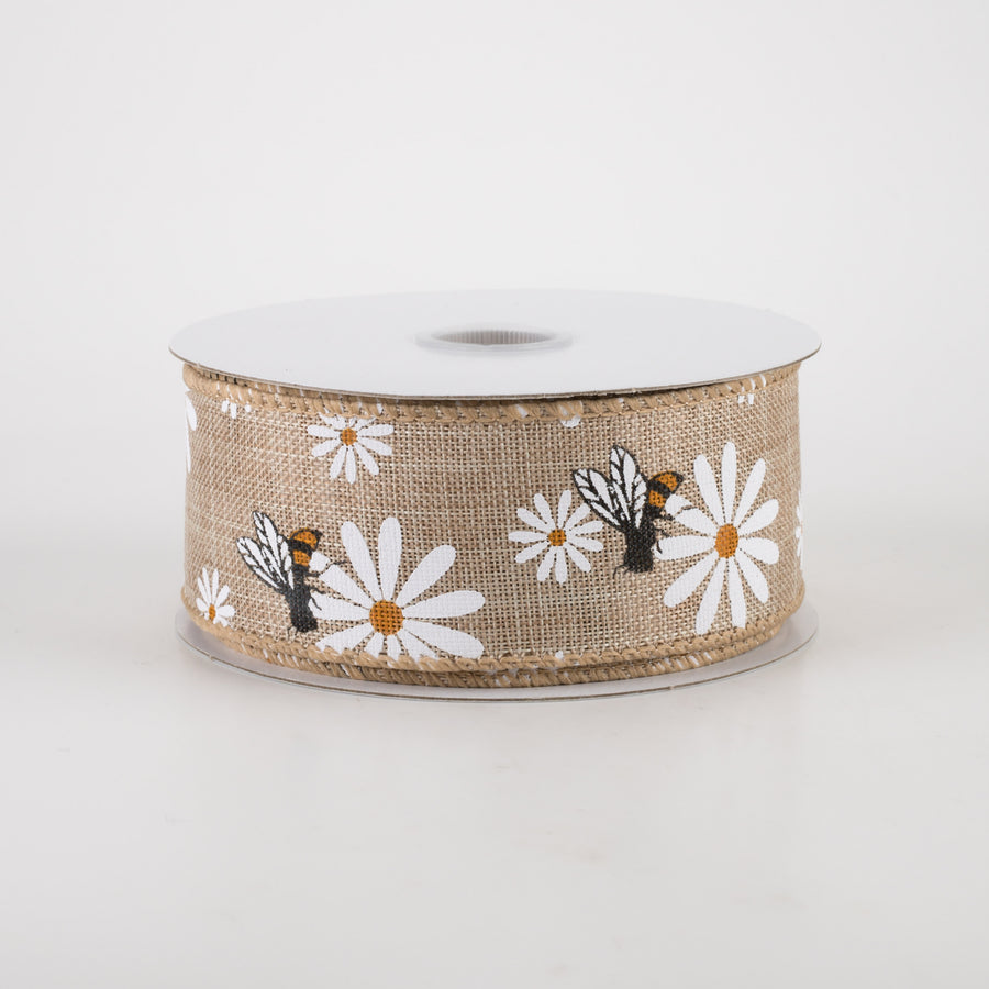 1.5" Daisies & Bees Ribbon: Natural Linen (10 Yards)