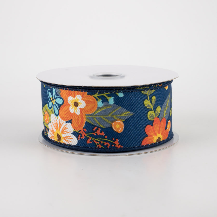 1.5" Graphic Florals Ribbon: Navy (10 Yards)