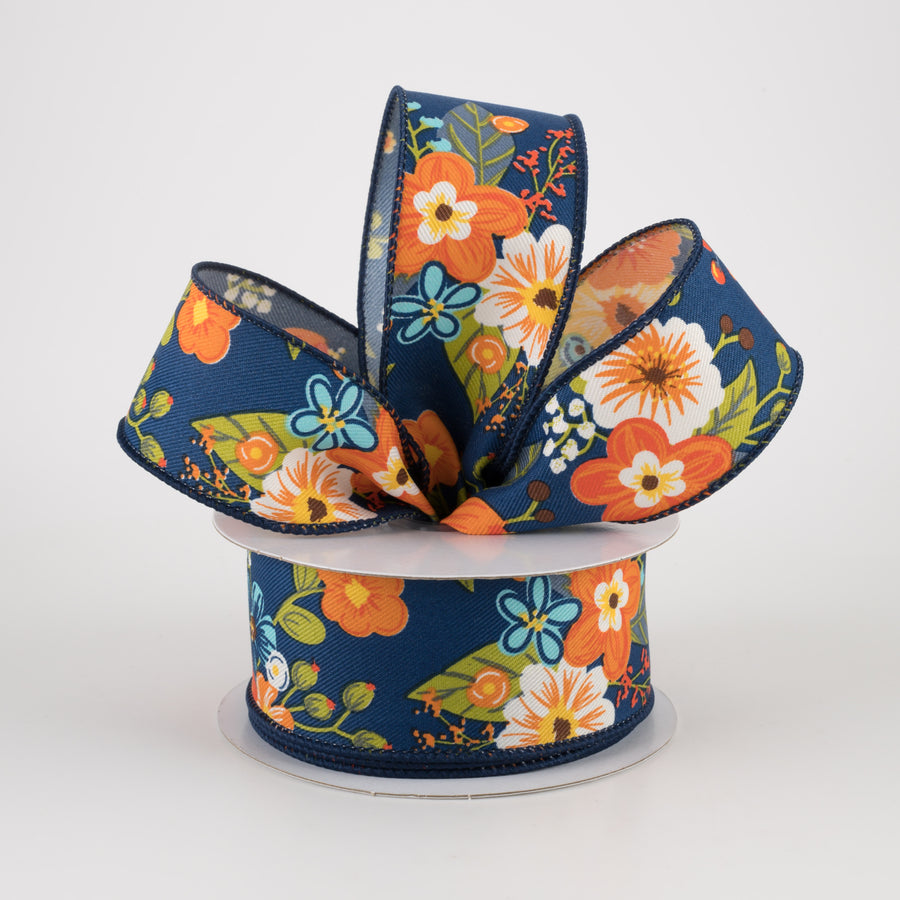 1.5" Graphic Florals Ribbon: Navy (10 Yards)