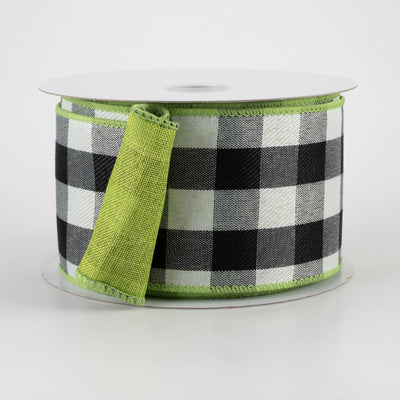 2.5" Two Sided Buffalo Plaid & Linen Ribbon: Black, White, Lime Green (10 Yards)