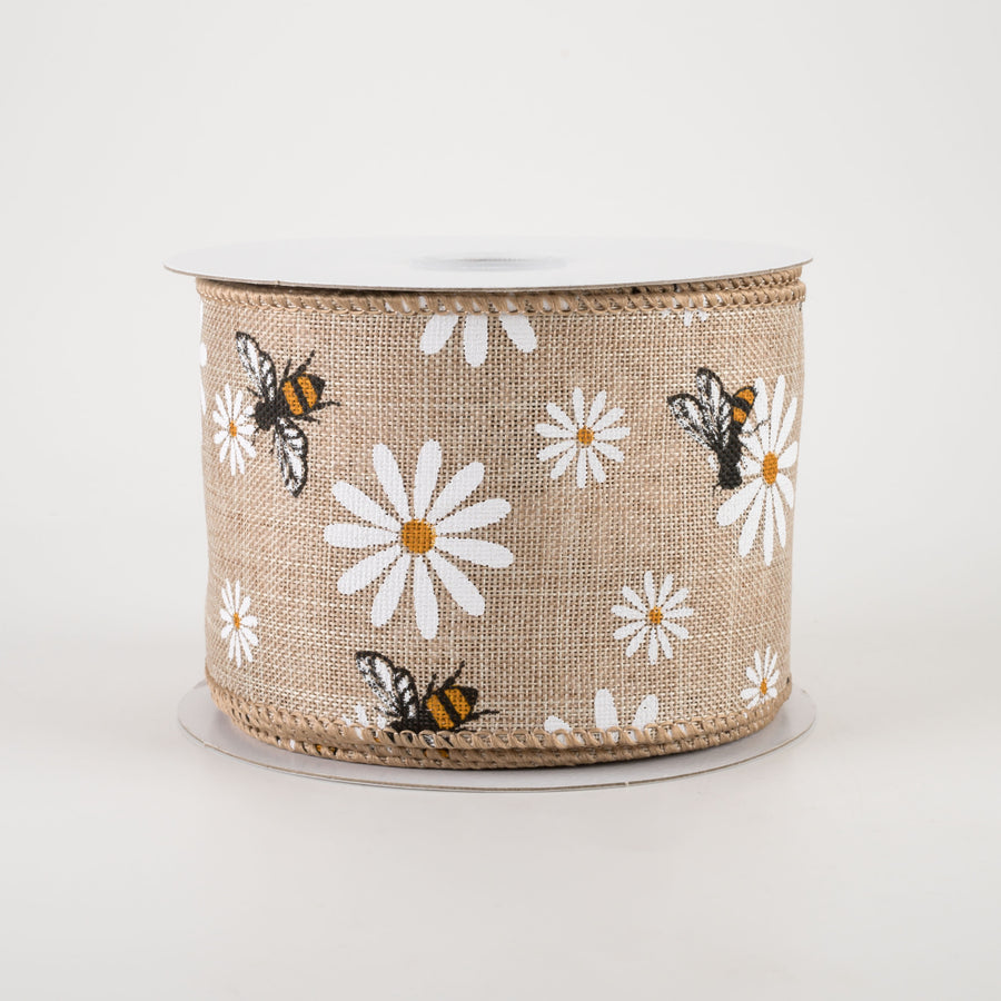 2.5" Daisies & Bees Ribbon: Natural Linen (10 Yards)