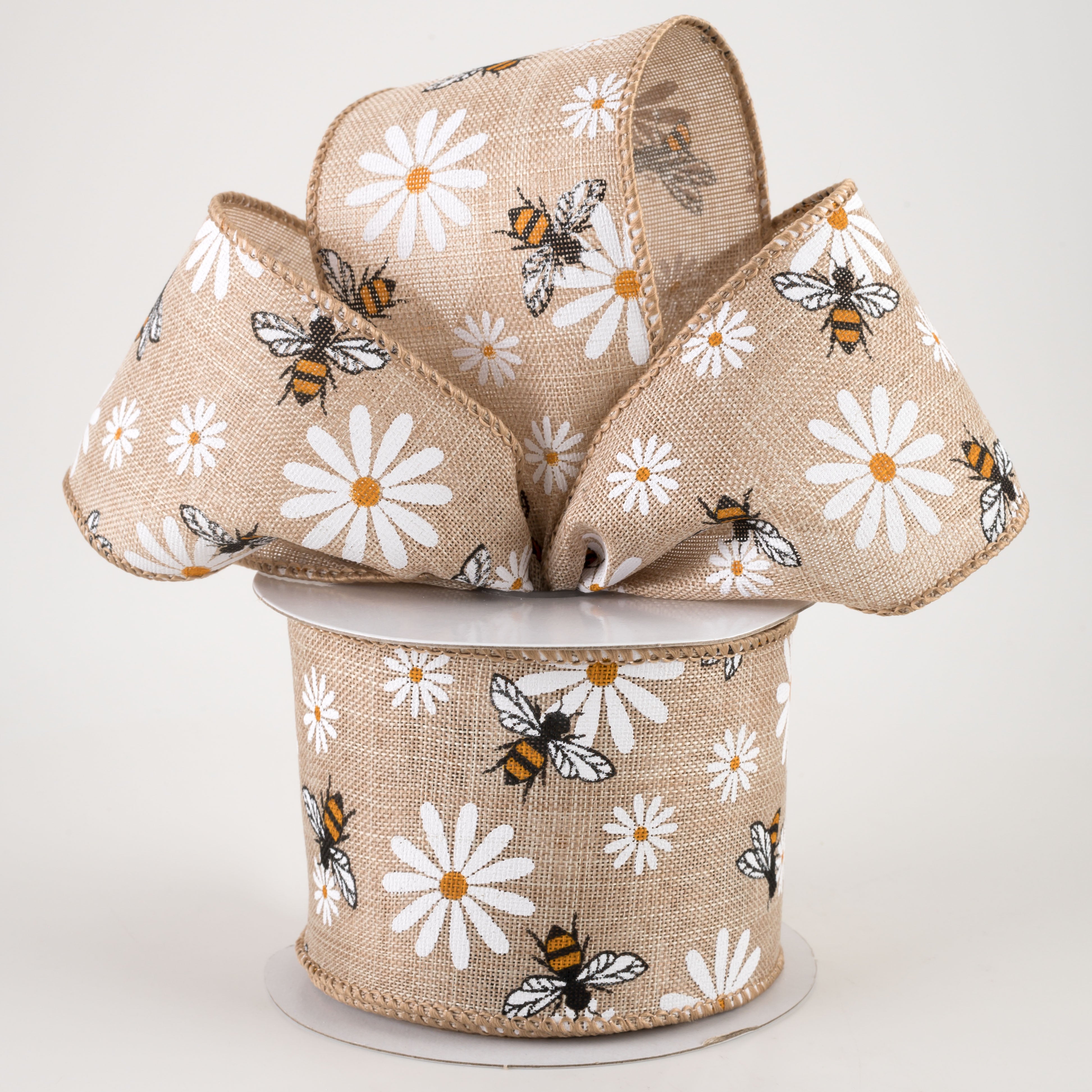 2.5" Daisies & Bees Ribbon: Natural Linen (10 Yards)