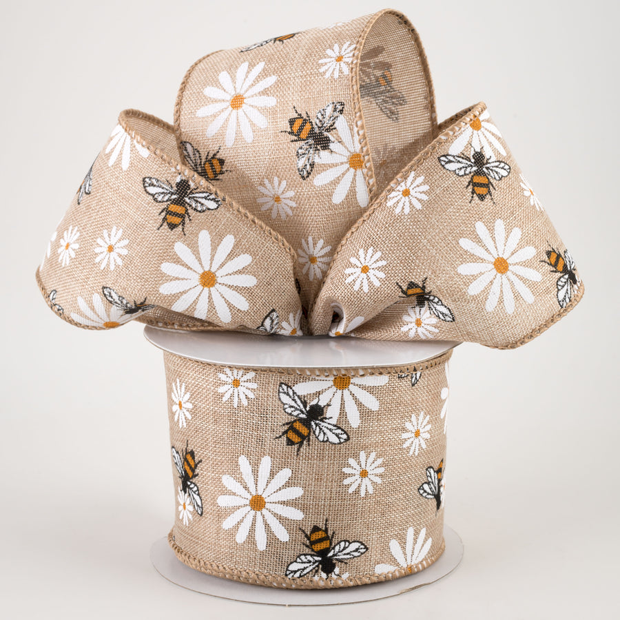 2.5" Daisies & Bees Ribbon: Natural Linen (10 Yards)