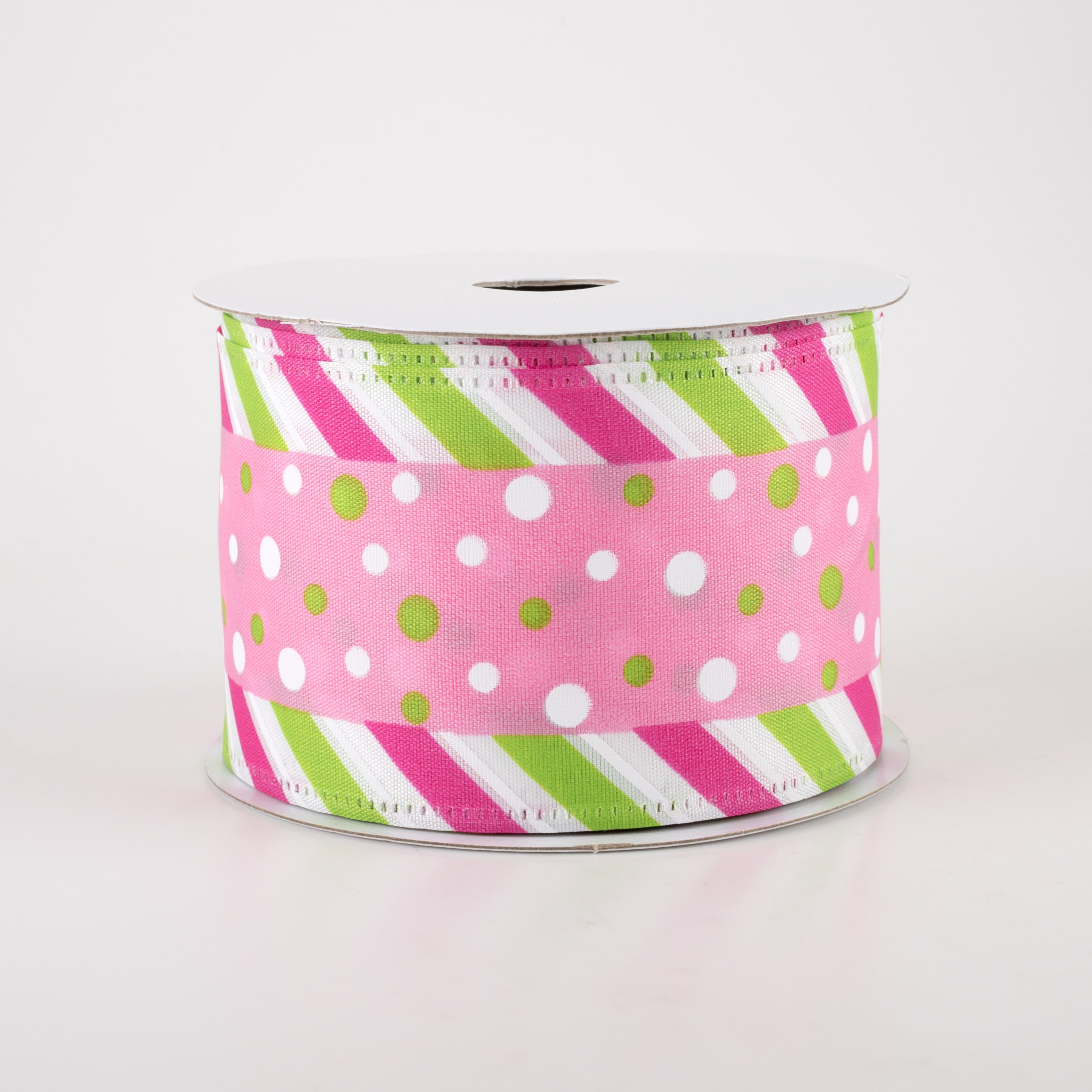 2.5" Satin Dots & Diagonal Stripe Edge Ribbon: Pink (10 Yards)