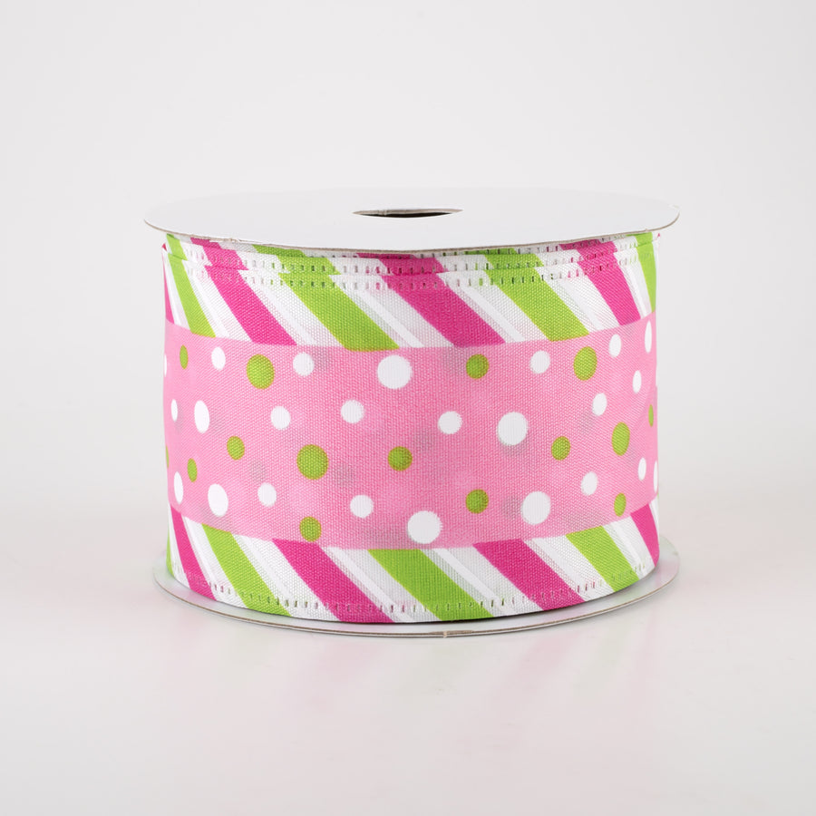 2.5" Satin Dots & Diagonal Stripe Edge Ribbon: Pink (10 Yards)