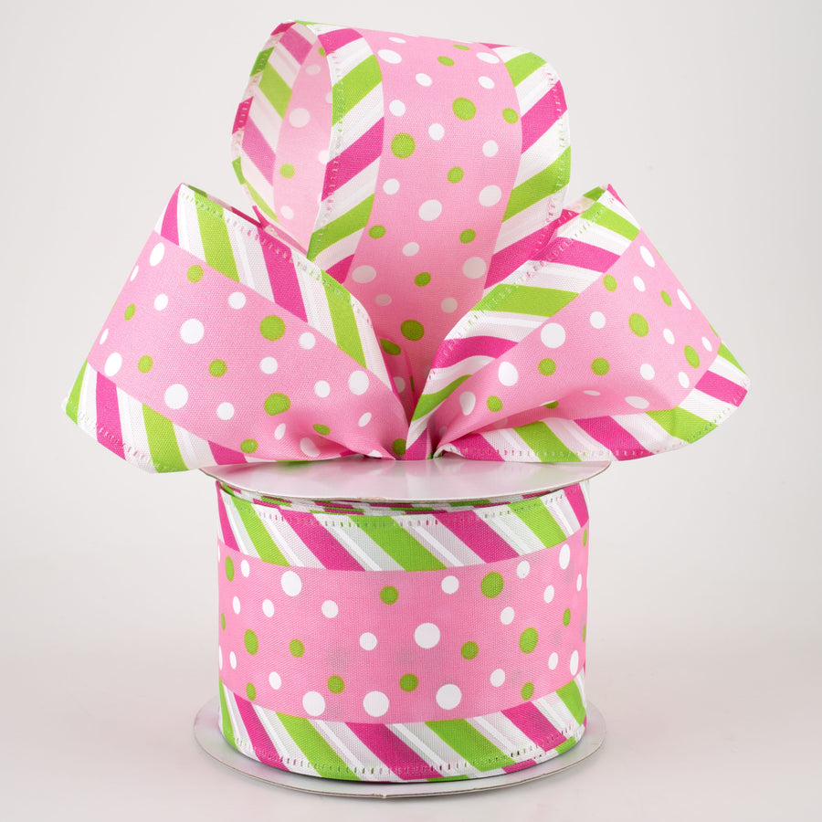 2.5" Satin Dots & Diagonal Stripe Edge Ribbon: Pink (10 Yards)
