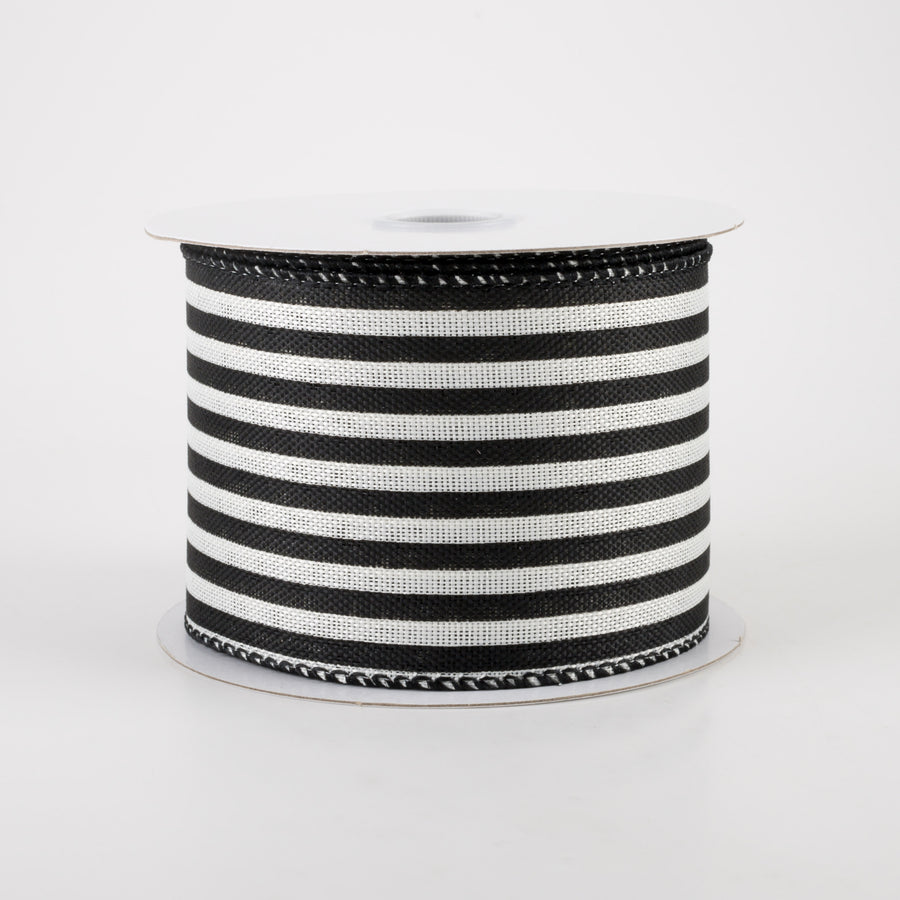 2.5" Linen Cabana Stripes Ribbon: Ivory & Black (10 Yards)
