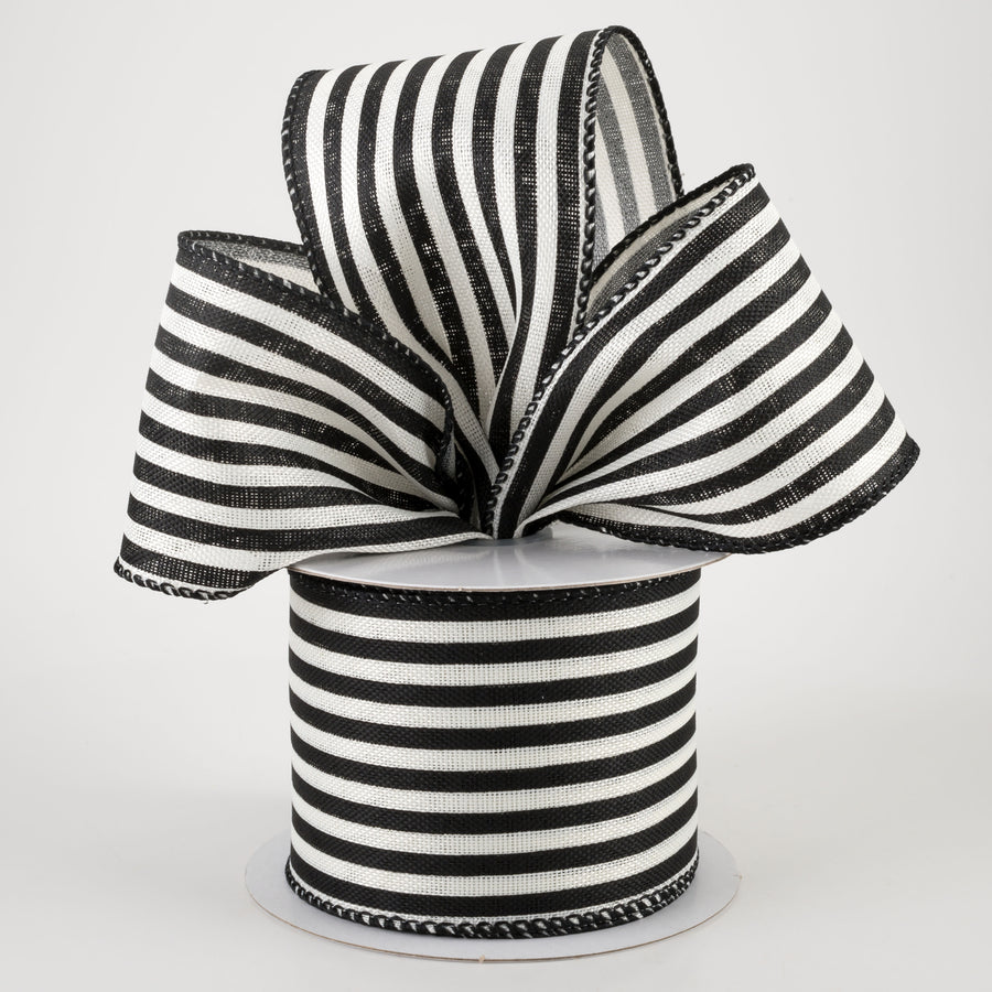 2.5" Linen Cabana Stripes Ribbon: Ivory & Black (10 Yards)