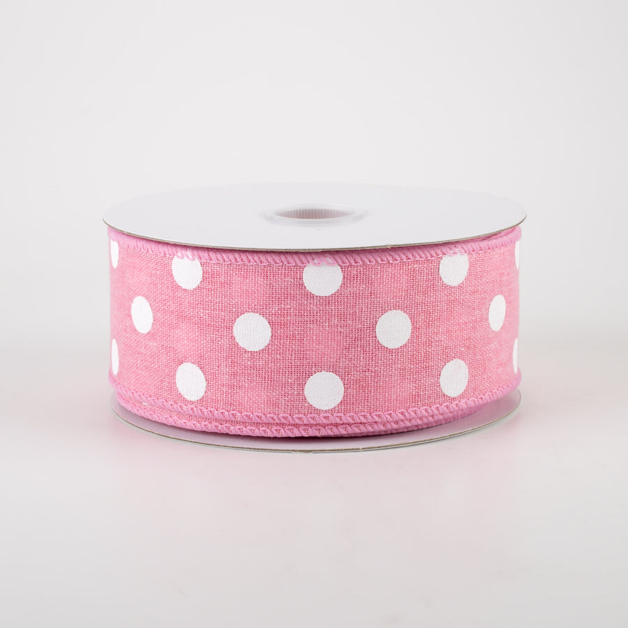 1.5" Stiff Linen Polka Dot Ribbon: Pink (10 Yards)