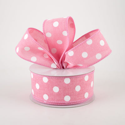 1.5" Stiff Linen Polka Dot Ribbon: Pink (10 Yards)