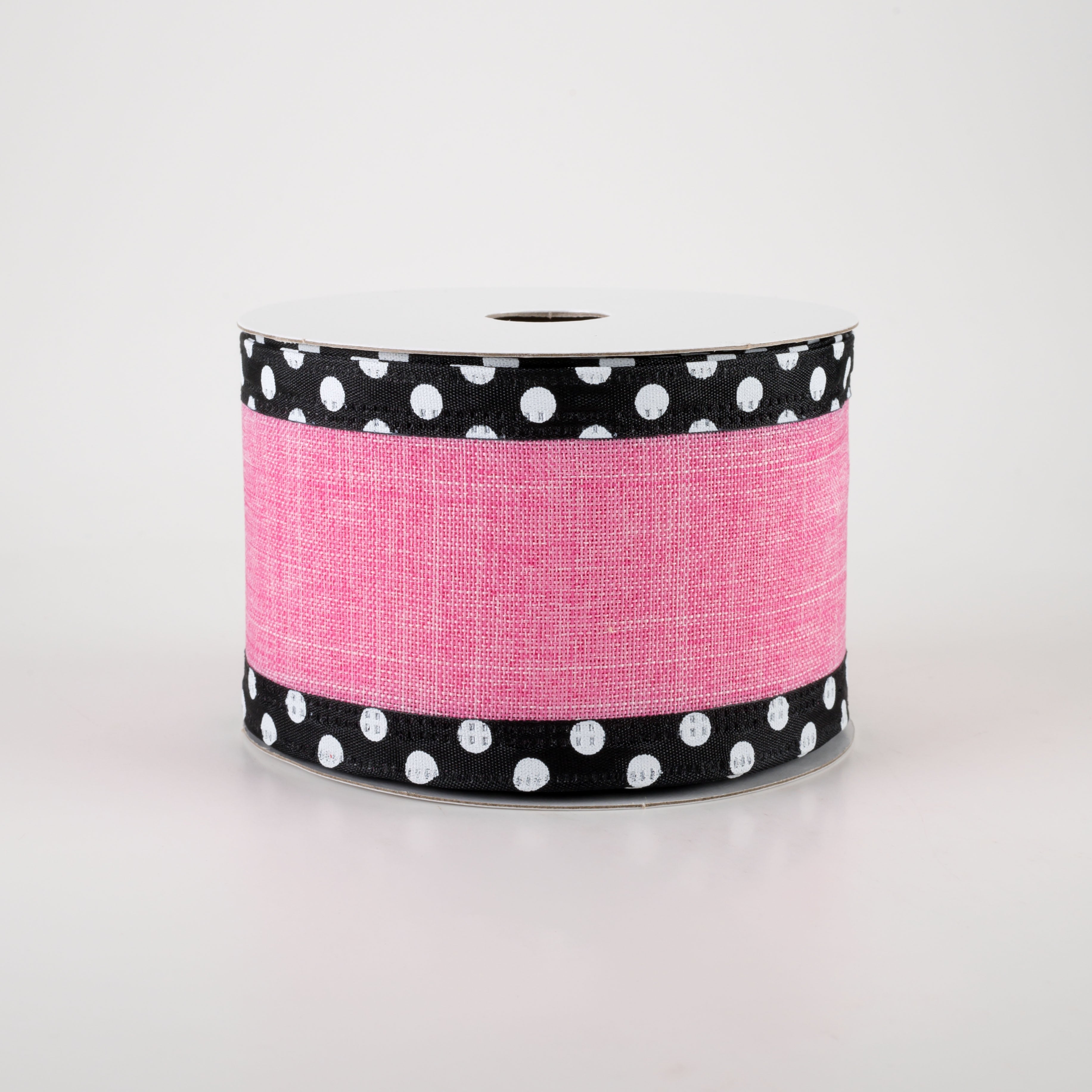 2.5" Linen Center & Polka Dot Edge Ribbon: Pink (10 Yards)